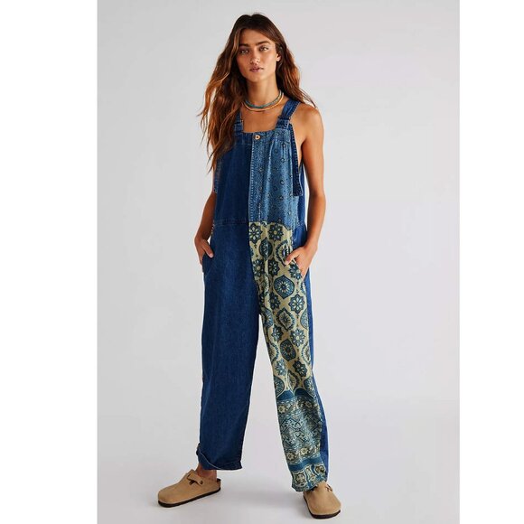 Free People x Doctor Collectors Denim Patchwork Dungarees Overalls Large 30 L - Picture 1 of 8